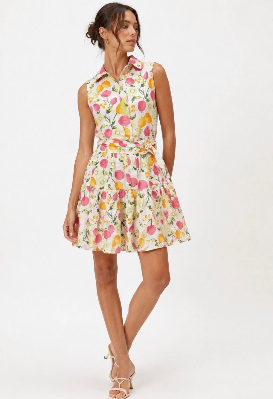 Cynthia Rowley Linen Blend Lemon Print Button Up Sleeveless Dress Size 6 NEW